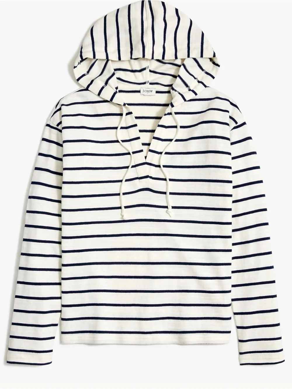J. Crew White and Navy Striped V-Neck Beach Hoodie Pullover Top, Size Medium.